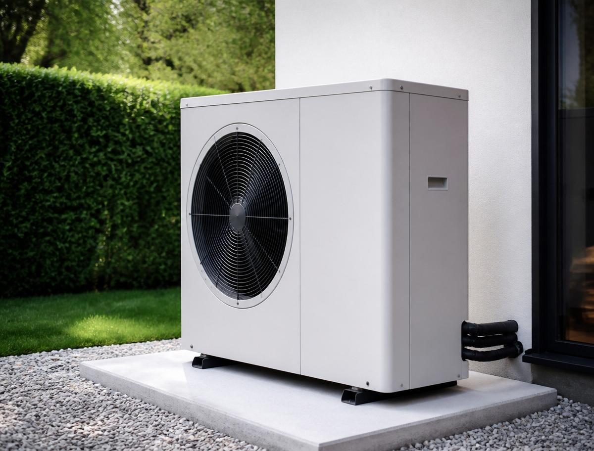 Unité extérieure de pompe à chaleur air/eau installée sur une habitation